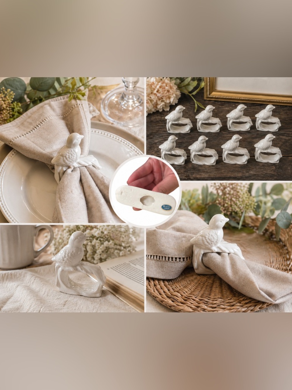 Vintage Style Bird Napkin Rings Set of 8 | White Porcelain | Cottagecore Decor
